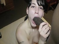 Tattooed white slut wife sucking her first BBC and getting a full load of cum in her mouth